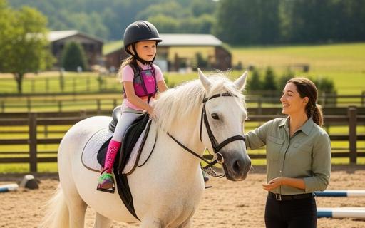 Niña con casco montando caballo blanco en picadero supervisado por instructor