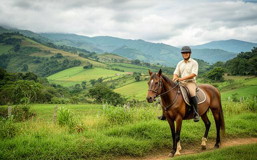 Jinete montando caballo en paisaje verde de Puente Nacional, Santander
